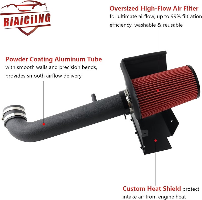 RiAiCiING مجموعة سحب الهواء البارد مع درع حراري تناسب 2012-2018 جيب رانجلر JK 3.6L V6، تزيد من القوة والعزم، صوت سحب أكثر عدوانية ورياضي - Image 3